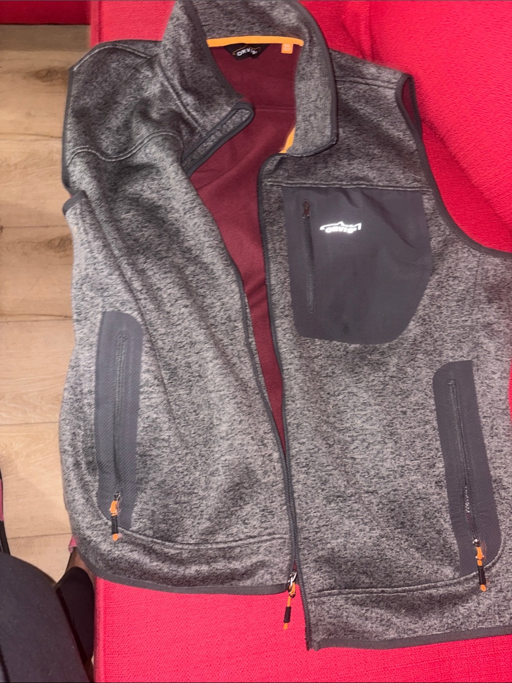 Orvis Gray Heather Fleece Vest with Maroon Interior and Orange Accents